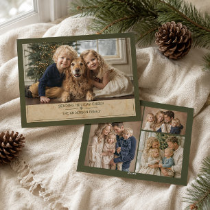 Carte de Noël Famille Multi Photo Vert Olive Éléga