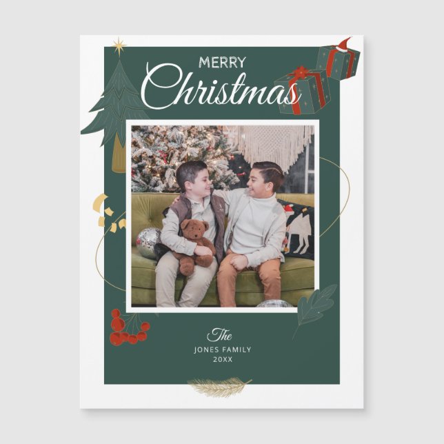 Carte de Noël Famille Photo Vert Vacances Magnat (Devant)