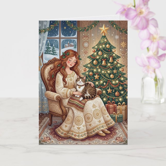 Carte de Noël Fantaisiste avec Chat et Dame d'Hive (Orchidée)