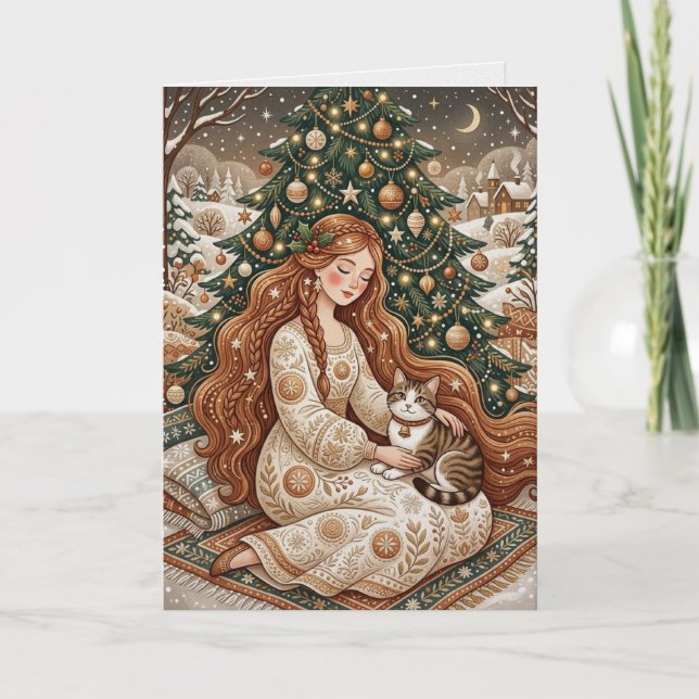 Carte de Noël Fantaisiste Chat et Dame d'Hiver (Devant)