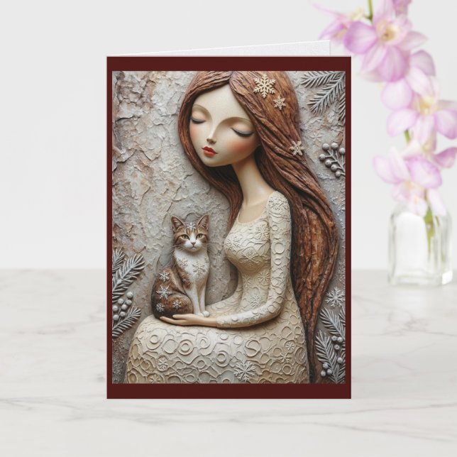 Carte de Noël Fantaisiste Chat et Fée de l'Hiver (Orchidée)