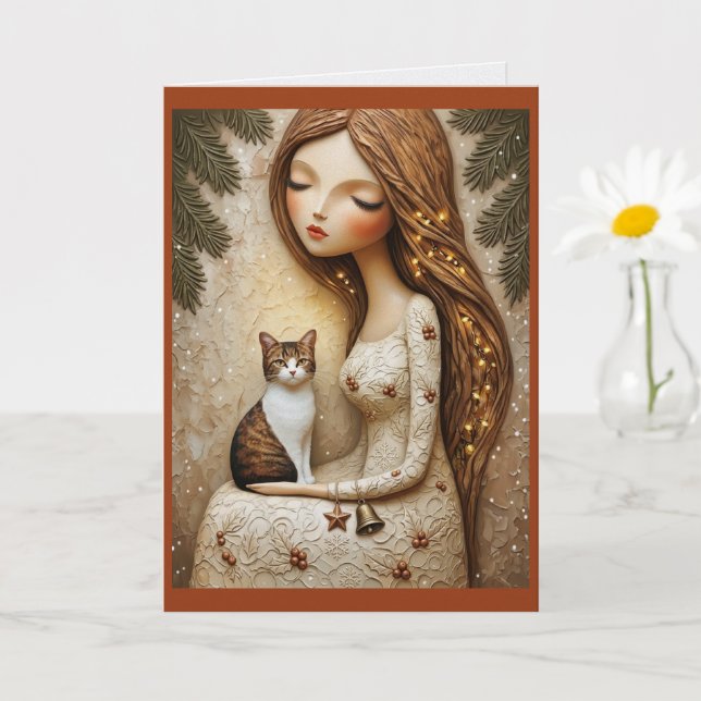 Carte de Noël Fantaisiste Chat et Fée de l'Hiver (Petite plante)