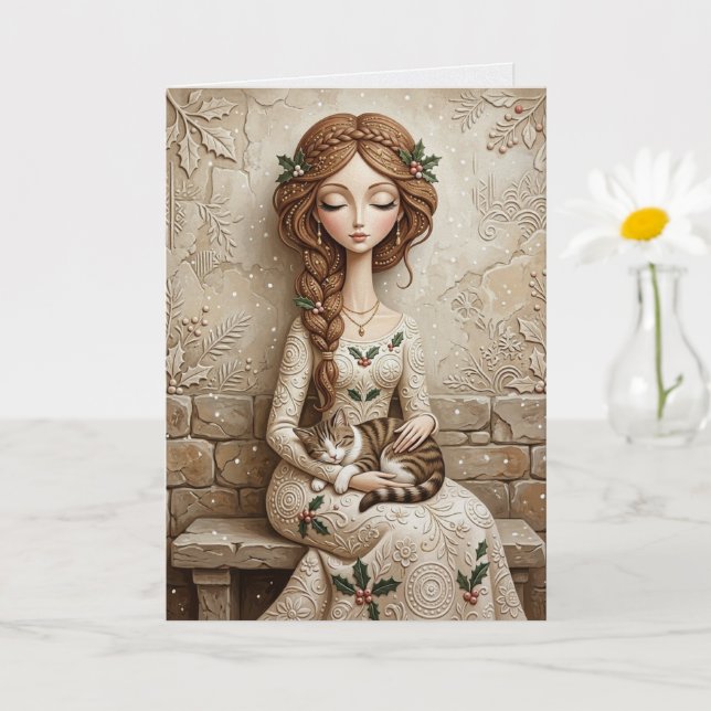 Carte de Noël Fantaisiste Chat et Fée de l'Hiver (Petite plante)