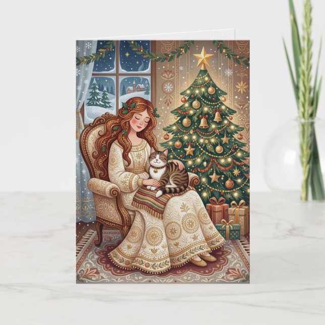 Carte de Noël Fantaisiste Chat et Vierge d'Hiver (Devant)