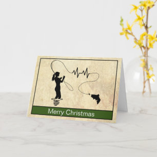 Carte de Noël femme pêche à la mouche avec batteme
