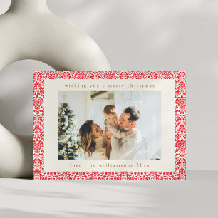 Carte de Noël festive à deux photos en damas rouge