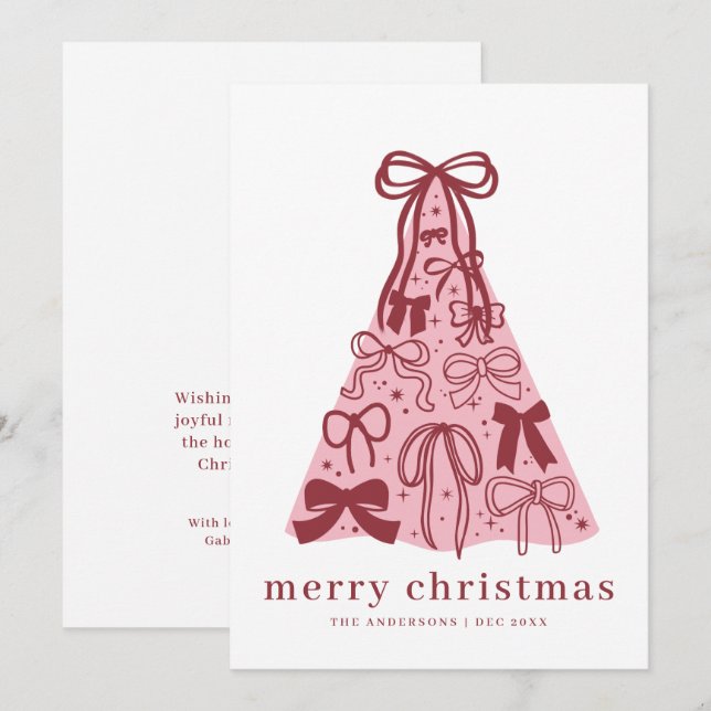 Carte de Noël festive avec ruban rouge rose (Devant / Derrière)