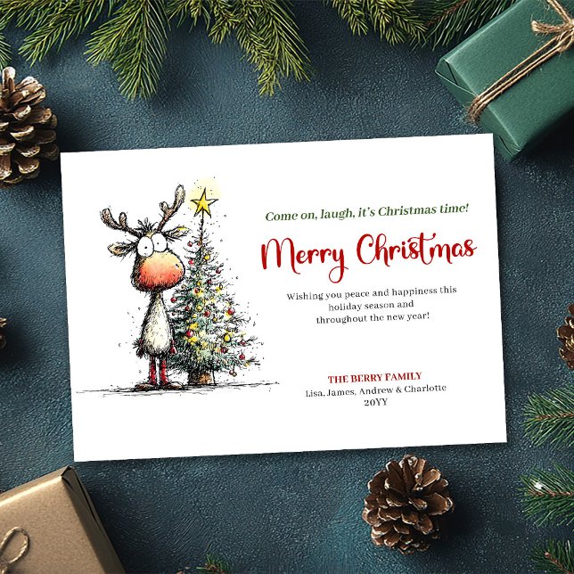 Carte de Noël festive et drôle de renne (Festive Funny Reindeer Merry Christmas Card)