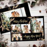 Carte de Noël Feuille photo Elegant Budget<br><div class="desc">Budget, Élégant, moderne Feuilles botaniques Noir et Or 4 Collage photo Joyeux Noël Carte de vacances. Ce modèle festif, mimimaliste, fantasque quatre (4) cartes de vacances photo présente un joli collage photo, faux feuilles botaniques feuille d'or, des hivernages et dit Joyeux Noël et Bonne Année! Le texte de salutation "Joyeux...</div>