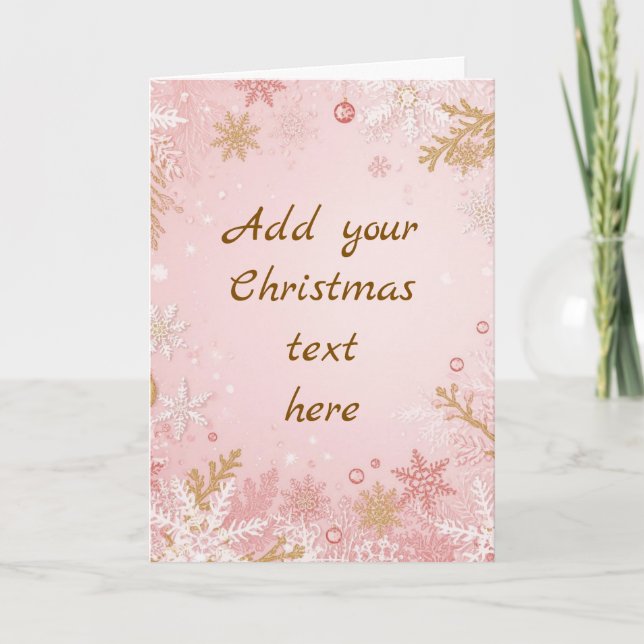 Carte de Noël Flocon de Neige Rose Blanc Or (Devant)