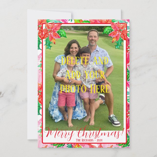 Carte de Noël Floral Poinsettia colorée (Devant)