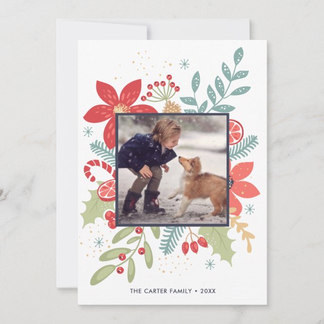 Carte de Noël florale joyeuse et festive | Carte d (Devant)