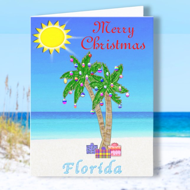 Carte de Noël Floride Palm Tree sur la plage (Cheerful, Florida Christmas Cards. Palm Trees decorated with Ornaments and Gifts. Florida Cards.)