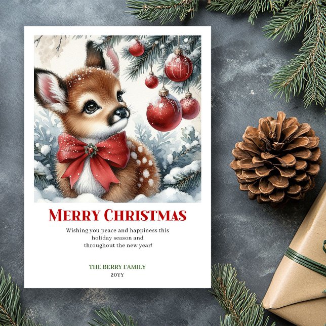 Carte de Noël forêt enchantée faon aquarelle  (Enchanting Fawn Watercolor Christmas Forest Card Xmas C)