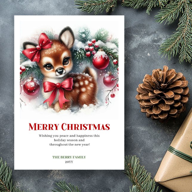 Carte de Noël forêt enneigée aquarelle douce faon (Gentle Fawn Watercolor Snowy Forest Christmas Christmas)
