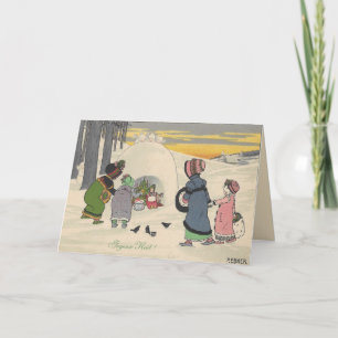 Carte de Noël française vintage de filles de neige