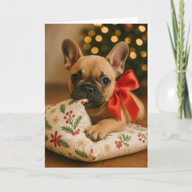 Carte de Noël Frenchie – Chien sur Coussin (Devant)