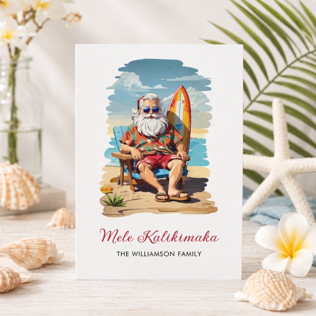 Carte de Noël Fun Mele Kalikimaka Santa Surfboard (Add family name to customize)