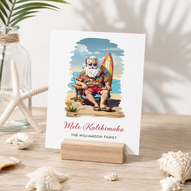 Carte de Noël Fun Mele Kalikimaka Santa Surfboard (Edit Family Name and message to customize, edit the message layout if you wish)