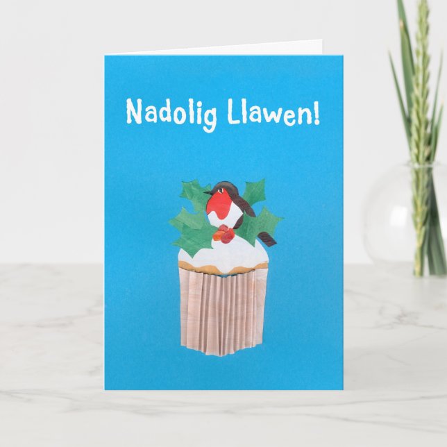 Carte de Noël, Gallois, Cupcake avec Robin (Devant)