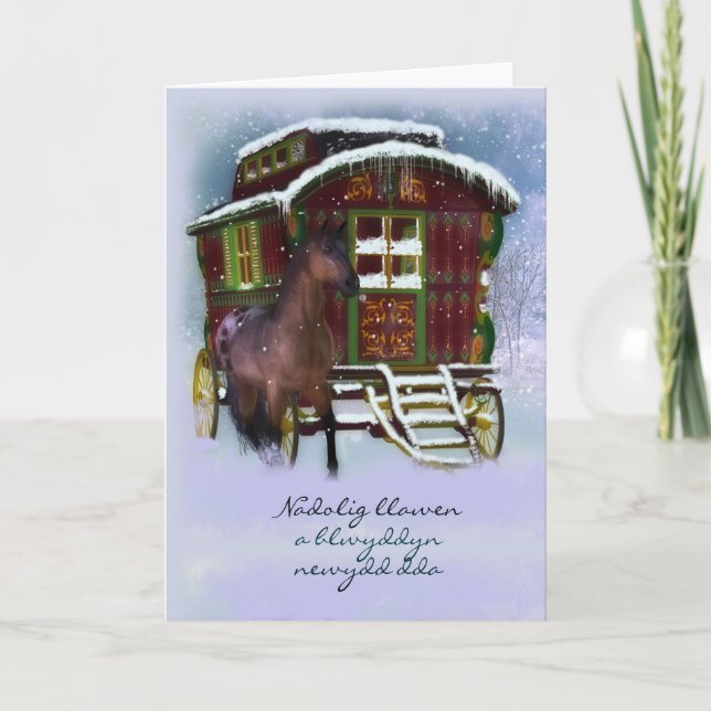Carte De Noël Galloise - Cheval Et Vieille Caravan (Devant)