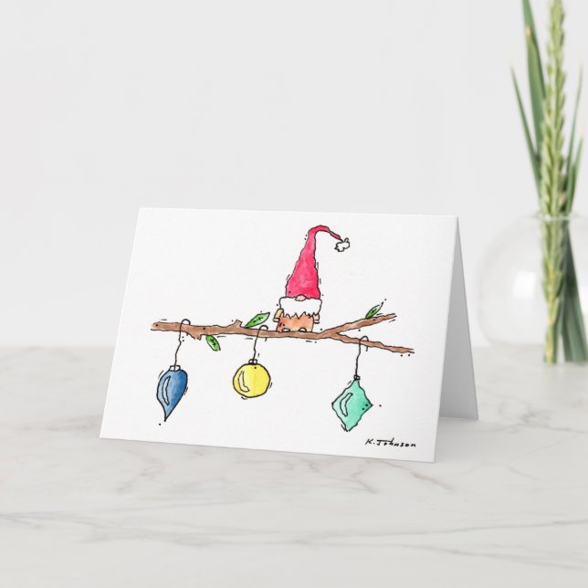 Carte de Noël Gnome, Twig et ornements (Devant)