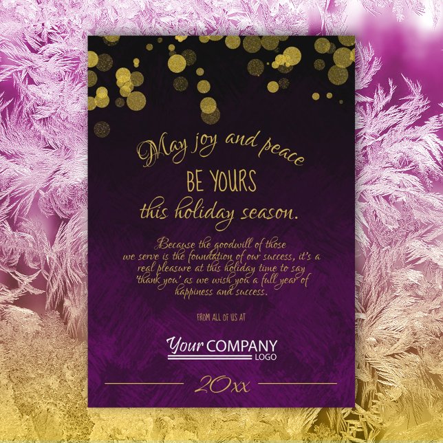 Carte de Noël Gold, Black, Violet Company (dark plum purple violet gold shimmer lights gold script text company holiday christmas cards w/logo)