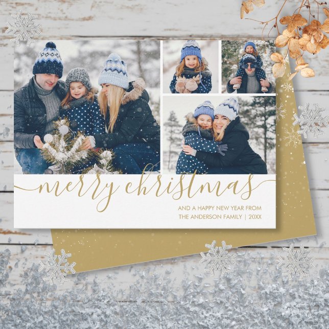 Carte de Noël Gold Script Merry Christmas 4 Photo (Gold Script Merry Christmas 4 Photo Holiday Card)