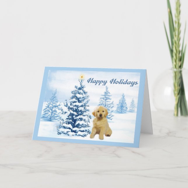 Carte de Noël Golden Retriers Blue Tree6 (Devant)