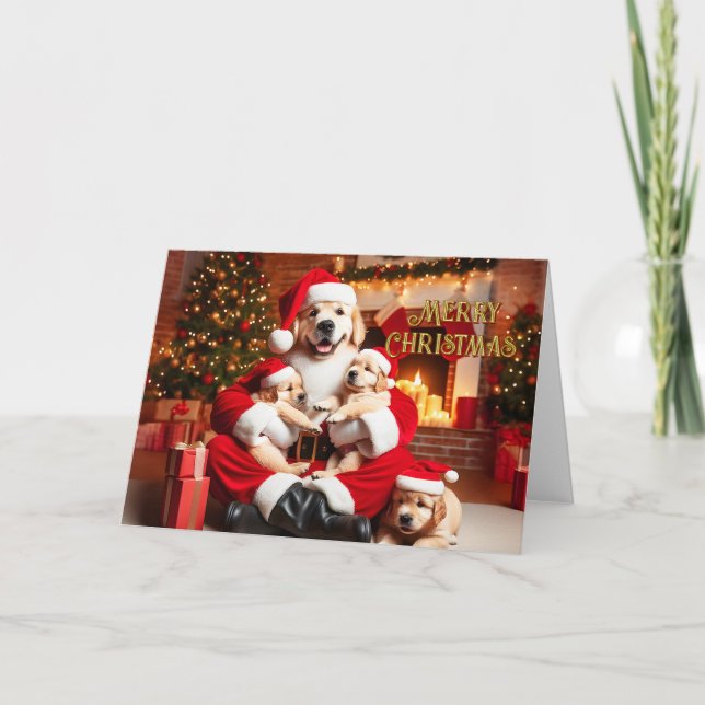 Carte de Noël Golden Retriever Père Noël avec chio (Devant)