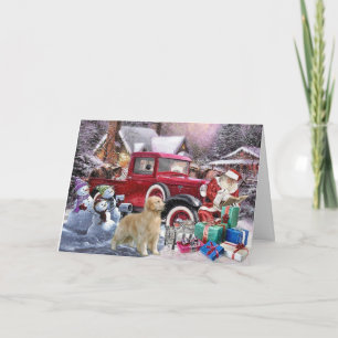 Carte de Noël Golden Retriever Père Noël et Snowme