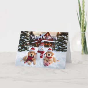 Carte de Noël Golden Retriever Snow Puppies