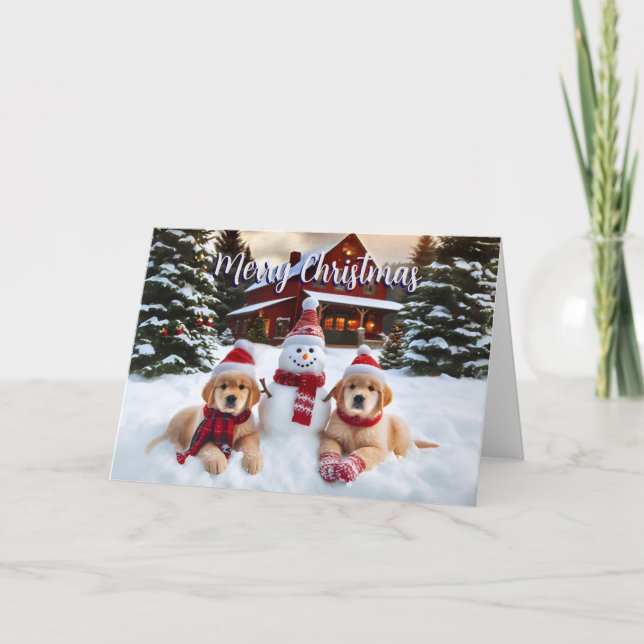 Carte de Noël Golden Retriever Snow Puppies (Devant)