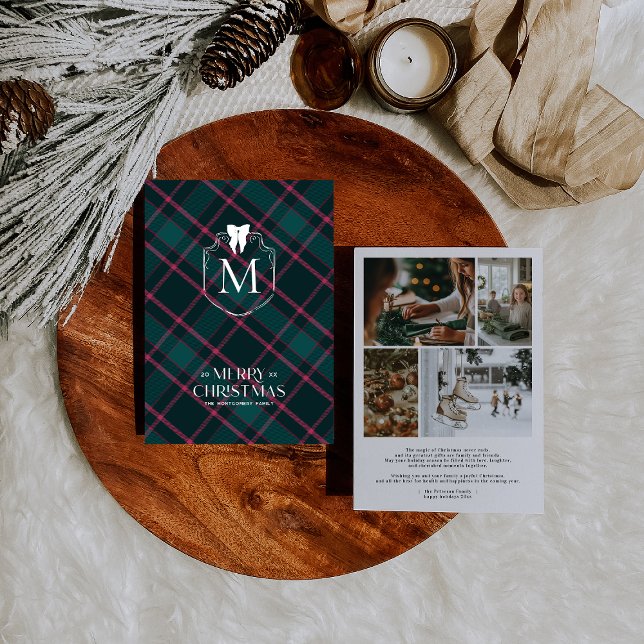 Carte de Noël « Green & Pink Tartan | Coquette Bow (Créateur téléchargé)