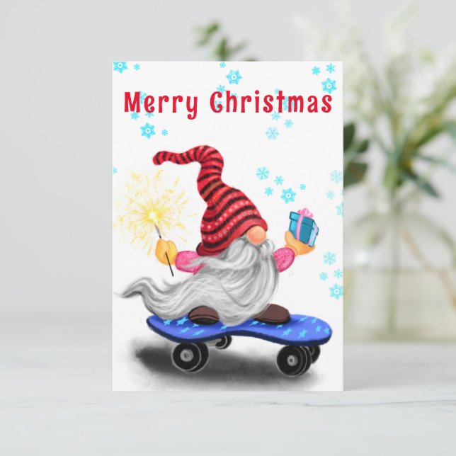 Carte de Noël Happy Skater Gnome avec cadeau (Debout devant)