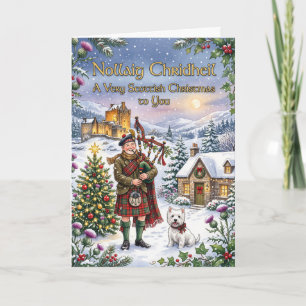 Carte de Noël highlander avec joueur de cornemuse