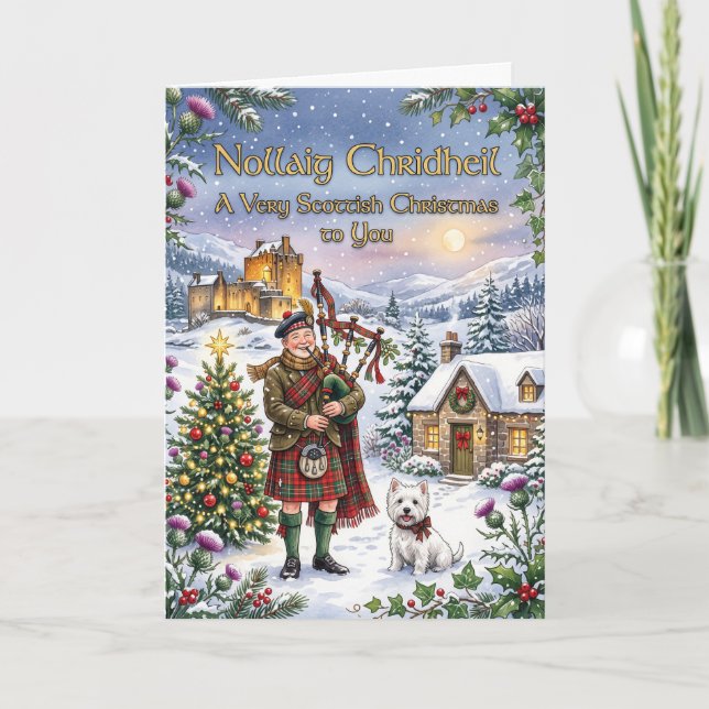 Carte de Noël highlander avec joueur de cornemuse (Devant)