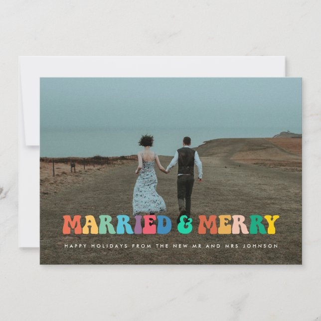 Carte de Noël hippie Marié et Joyeux Retro 60s (Devant)