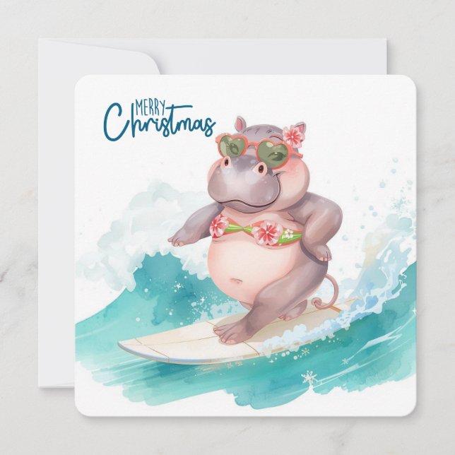 Carte de Noël Hippo Surfant en Bikini  (Devant)