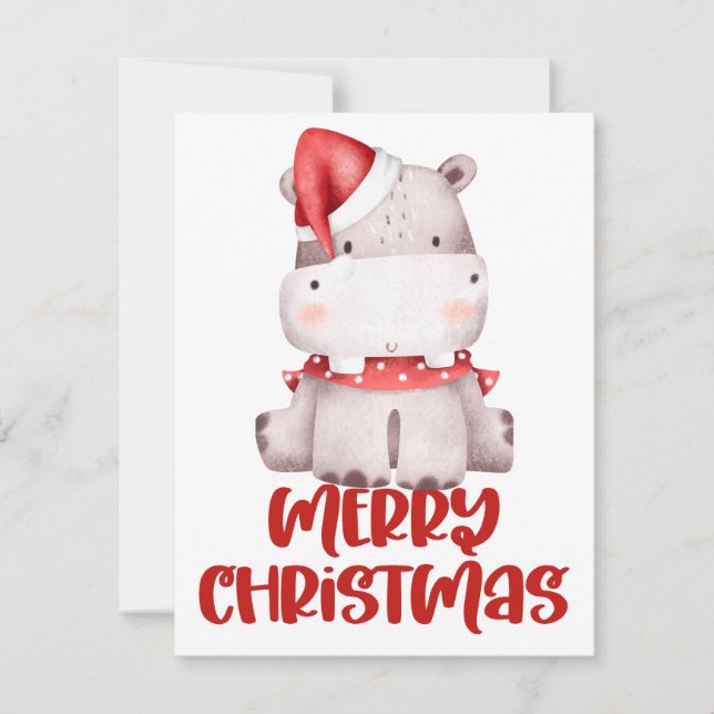 Carte de Noël hippopotame aquarelle mignonne (Devant)