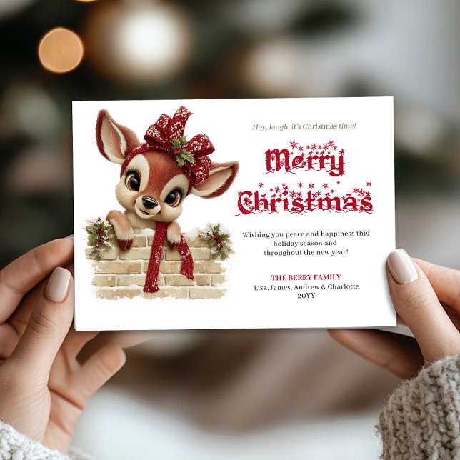 Carte de Noël hivernale bébé renne joyeux (Joyful Xmas peeking baby reindeer winter card)