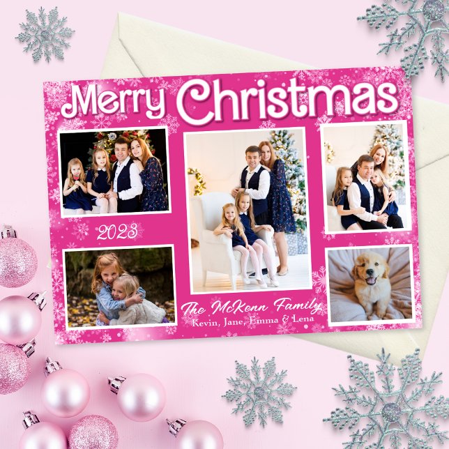 Carte de Noël Hot Rose & White Snowflics (Hot pink Christmas card with white snowflakes.)