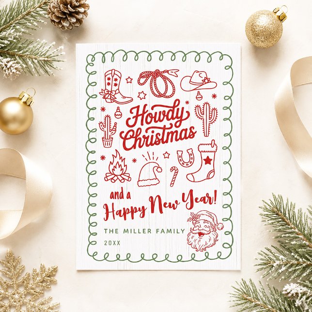Carte de Noël Howdy Western au dessin à main levée (Hand Drawn Doodle Western Howdy Christmas Card)