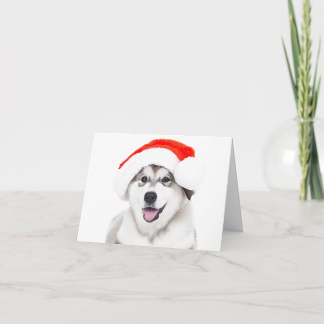 CARTE DE NOËL HUSKY PUPPING AVEC UN CHAPEAU SANTA (Devant)