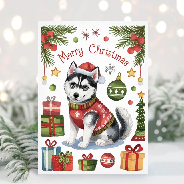 Carte de Noël Husky Sibérien Aquarelle (Siberian Husky Christmas Card)