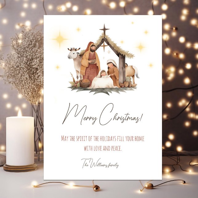Carte de Noël illustrée de la scène de la Nativité (Christmas nativity card with personalized text)