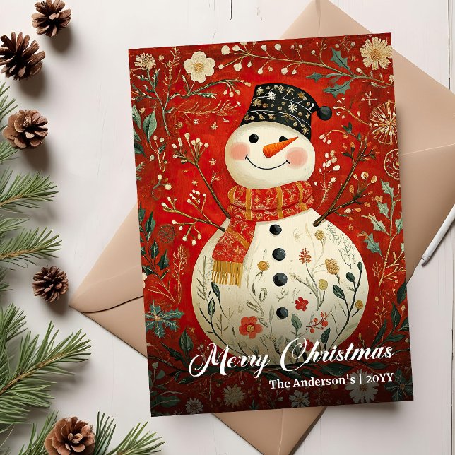 Carte de Noël imprimable nostalgique de bonhomme d (Nostalgic Christmas Snowman Holiday Printable Card)