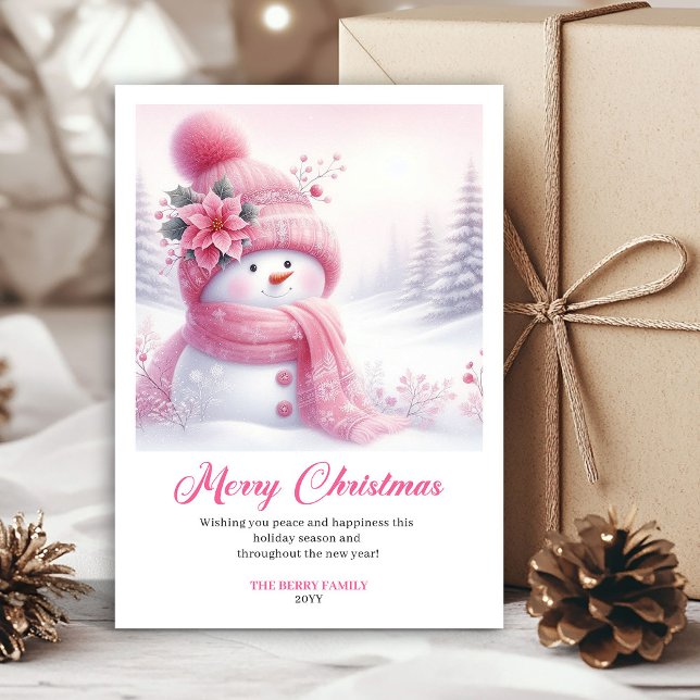 Carte de Noël imprimable pour enfants avec bonhomm (Magical Pink Snowman Kids Printable Christmas Greeting Card

)