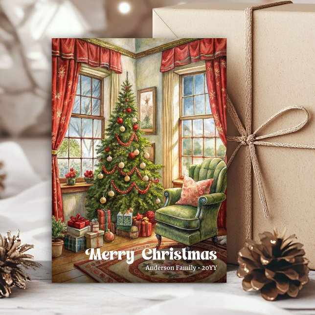 Carte de Noël intérieure fantaisiste rustique de f (Whimsical Christmas interior card rustic holiday art

)