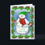 Carte de Noël Jolly Snowman<br><div class="desc">Un bonhomme de neige gelé avec foulard rouge et mitaines et casquette vert apportera un sourire pendant les vacances. La frontière sainte et l'arrière - plan bleu ajoutent aux joyeux voeux de Noël de cette carte de voeux unique. Ajoutez votre nom de famille à l'avant de la carte et le...</div>